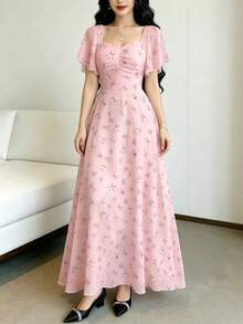 de manga corta con cuello cuadrado y diseño de volantes con estampado floral de rosas, cintura ceñida, largo elegante para vacaciones de verano y uso diario - Multicolor 13 - Ver 9