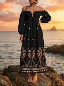 CAJUNI Chic Vacation Golden Banana Trees Long Dress - Black - View 4