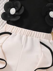 Girls' Sweet Design Set, Spring/Summer, 3D Flower & Pearl Decor Sleeveless Top + Contrast Ruffle Hem Shorts, 2pcs Set, Casual, Party, Daily Wear - Black - View 8