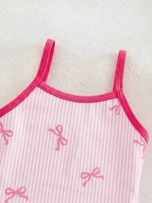 新生儿条纹蝴蝶结印花荷叶边下摆连体泳衣 - 彩色 - 查看 4