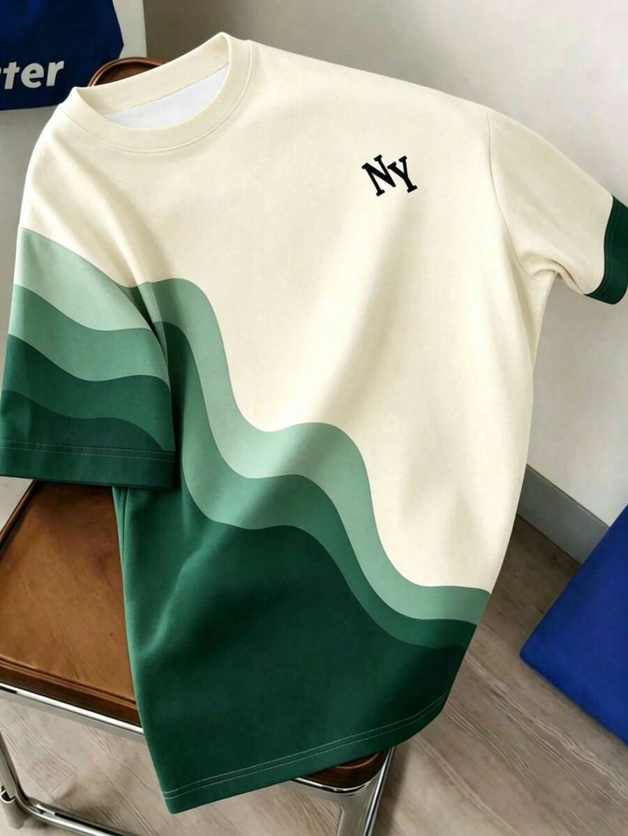 Manfinity Joysei Men's Summer White Green Teal Gradient Wave Color Block T-Shirt NY New York Letter Embroidery Print Casual Vacation Holiday Festival Coachella Rave Concert Party Going Out Club Workout Office Streetwear Vintage Y2K 2000s Style Old Money Modest Crew Neck Loose Fit Oversized Drop Shoulder Short Sleeve Top,Men T-Shirts - Multicolor - View 1