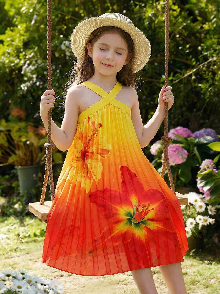 SHEIN Đầm đi nghỉ hè in hoa cho bé gái, họa tiết hoa màu cam in kỹ thuật số, chất liệu vải dệt không tay, dễ thương và thanh lịch, thoải mái cho bé gái, phù hợp mặc hàng ngày, đi học, đi nghỉ mát, dự tiệc, mùa xuân/hè, thời trang mới 2026. Trang phục mùa hè... Đầm mềm mại. Đầm đi biển cho trẻ em, đầm cho bé gái, áo màu vàng cho bé gái. - Nhiều màu - Xem 1