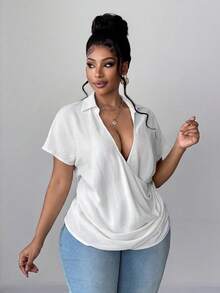 Maweii Plus Size V-Neck Wrap Casual Short Sleeve Shirt - White - View 1