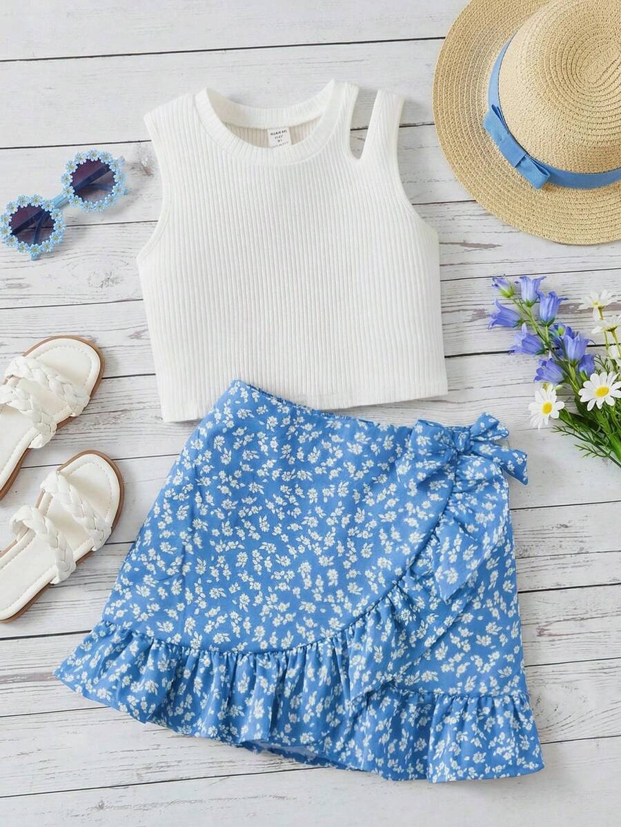 SHEIN Young Girl Comfortable Sleeveless Top And Floral Skirt, Two-Piece Set For Casual Wear - Blue - View 1