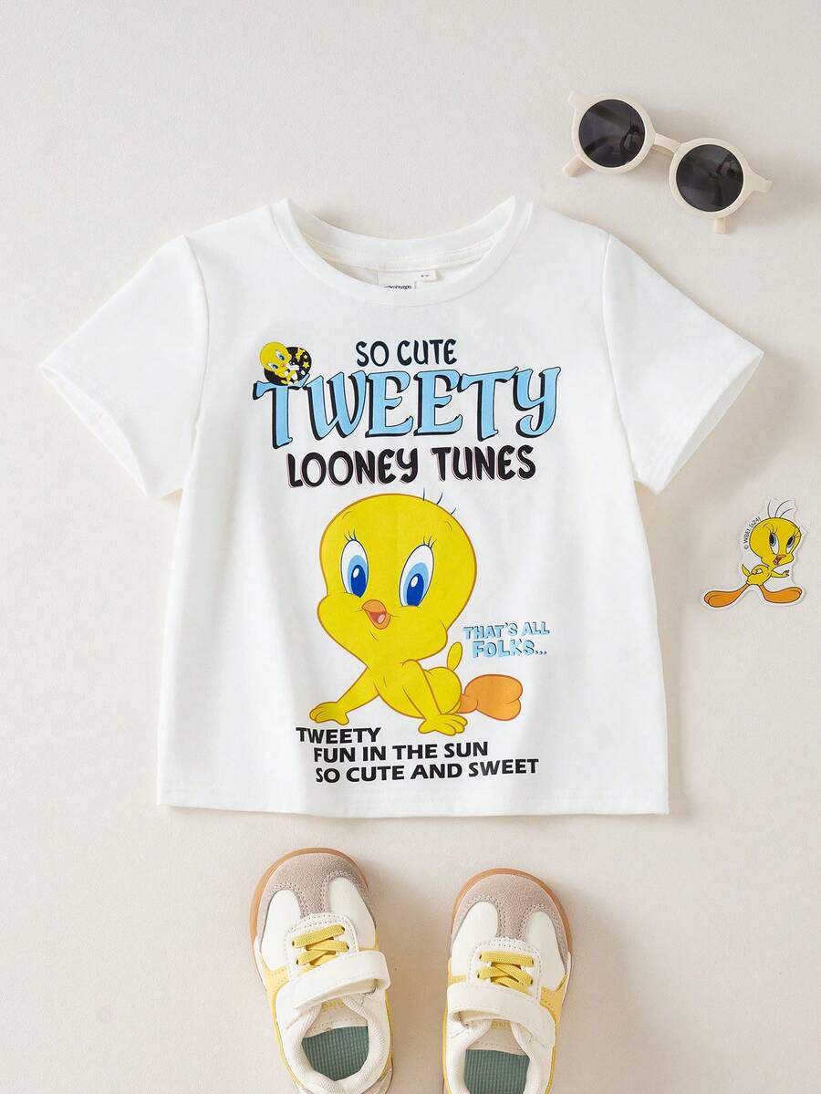 LOONEY TUNES X SHEIN 女童夏季休闲字母卡通图案圆领短袖T恤 - 白色 - 查看 1