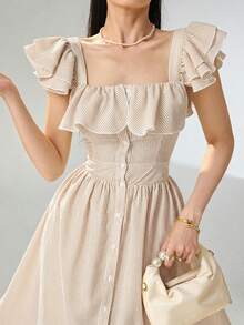 Heiryn Đầm nữ thanh lịch kiểu dáng nghỉ mát, họa tiết hoa kẻ sọc, xếp ly eo, thích hợp cho mùa hè. - Màu Khaki - Xem 5