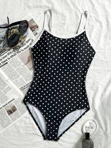 SHEIN 少女/青少年女孩黑白波点连体泳衣，简约连体泳装，适合海滩度假和夏季穿着 - 黑與白 - 查看 4