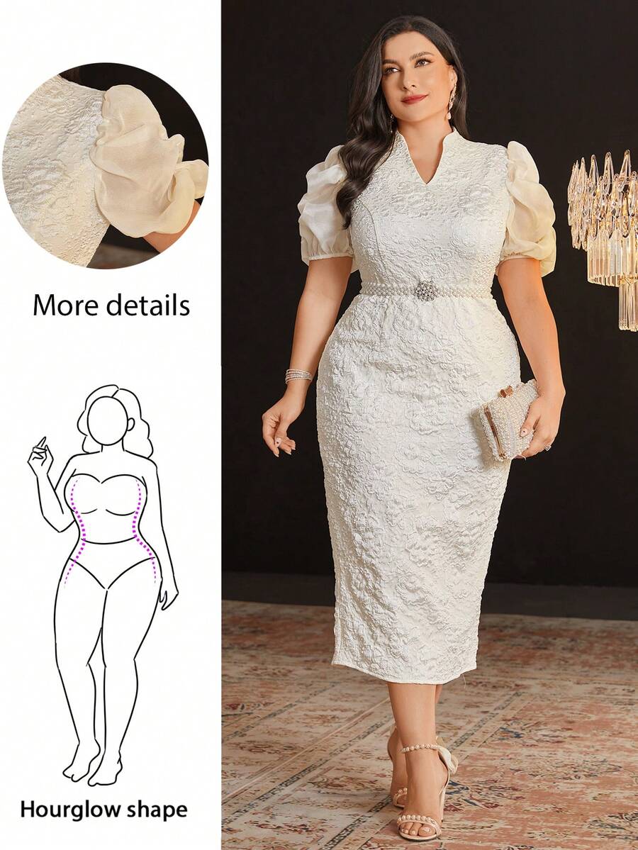 Hourglow Plus Size Puff Sleeve Dress With V Neck Notch,Elegant Evening Party Dress Long Evening Dresses, For Hourglass Body Shape, For Summer - Apricot - View 1