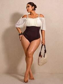 Elaquor Plus Size Elegant Ruched Contrast Color Off-Shoulder One-Piece Swimsuit, Summer Vacation Off Shoulder One Piece Outfit Beach Swimwear Casual For Women - Multicolor - View 5