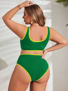 Swim Lushoire Plus Size Summer Vacation Beach Ribbed Bikini Set - Green - View 2