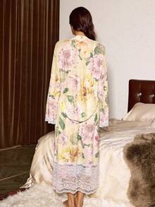 Slumberist 女士优雅印花撞色蕾丝吊带连衣裙和睡袍套装，夏季 - 黃色 - 查看 2