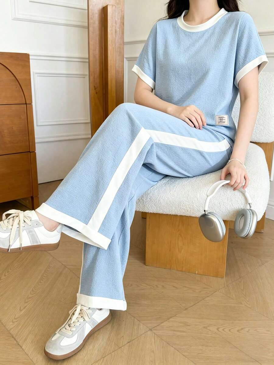 少女休闲百搭日常及假日黑白撞色滚边无袖圆领T恤+阔腿梭织裤套装 - 藍色 - 查看 1
