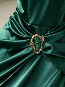 Franclia Vestido elegante para mujer, vestido de satén brillante con decoración metálica, vestido de manga acampanada, vestido de cuello redondo, vestido de primavera/verano - Verde Oscuro - Ver 4