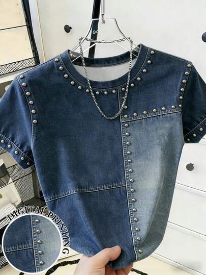 Resyla Nuevo estilo de gran , camiseta de mujer de mezclilla con costuras de gradiente retro americano y remaches, perfecta para ir de compras y salir con las mejores amigas, un estilo único y llamativo para la primavera y el verano