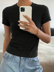 Livesso T-shirt ajusté à manches courtes rayé pour femmes, été - Noir - Voir 4