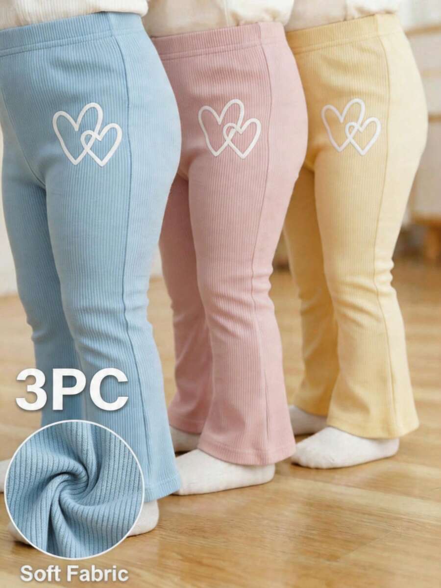 SHEIN 3 paquets Pantalon bébé fille décontracté de base en tricot côtelé avec imprimé cœur double. Jambes évasées, coupe slim, doux et épais. Pantalon, legging, bas de survêtement pour la vie quotidienne, l'école, les fêtes, le printemps, l'été, l'automne et l'hiver. - Multicolore - Voir 1