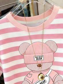 Women's Casual Striped Bear Print Round Neck T-Shirt, Summer - Multicolor - View 3
