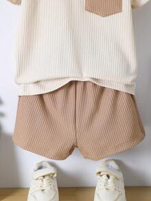 SHEIN 2pcs/Set Young Boy Summer Casual Contrast Color Pocket T-Shirt & Shorts, School, Campus, College - Multicolor - View 8