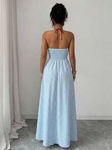 Selianne Vestido de primavera/verano de estilo elegante, romántico y sexy para playa, viaje, fiesta y calle. Diseño de nicho de moda versátil de talla media con escote en V profundo en azul y blanco, con diseño vertical hueco, falda acampanada y tirantes de espagueti a cuadros pequeños. - Azul y blanco - Ver 2