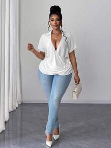 Maweii Plus Size V-Neck Wrap Casual Short Sleeve Shirt - White - View 4