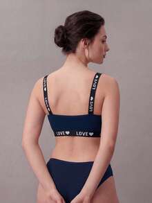 Áo ngực hai dây họa tiết trái tim và chữ cái dành cho nữ, đồ lót thường ngày - Xanh đậm - Xem 2