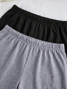 SHEIN 女士纯棉两件套假抽绳爱心图案和纯灰色睡裤家居服舒适可爱休闲多件装 - 灰色 - 查看 5