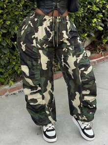 Slaydiva Nouveau pantalon cargo pour femmes de style printemps/été, festival de musique, Pâques, western, nomade, anniversaire, remise des diplômes, campus, étudiant, décontracté quotidien, polyvalent de base, loisirs, croisière, plage, bronzage, à la mode, streetwear, brunch, aéroport, fête et vacances - Camouflage avec taille ample et poches, grande taille - Vert - Voir 10