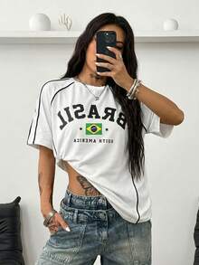 Coolane Women's Street-Style Y2K Cool Event Letter Printed Color-Blocked Short Sleeve Black T-Shirt - White - View 3