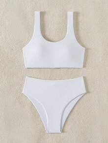 SHEIN Swim Conjunto De Sujetador Unicolor Y Bikini Para Mujeres, Adecuado Para Verano, Playa, Piscina - Blanco - Ver 4