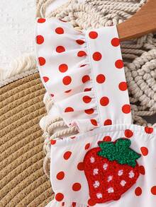 SHEIN 少女波点草莓图案方领荷叶边下摆休闲连衣裙 - 白色 - 查看 7