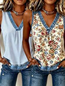 EMERY ROSE 2pcs/Set New Arrival Striped Floral Print Women Tops, Regular Top Set - Multicolor - View 3