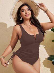 Swim Lushoire 大码女式纯色纹理面料露背休闲泳装 - 咖啡棕 - 查看 4
