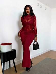 BamGleam Women's Contrast Lace Round Neck Long Sleeve Ruched Fitted Sexy Fashion Dress, Elegant Dresses For Women , Elegant Dress For Women , Elegant Dress Women , Elegant Dresse, Elegant Dress,Red ;Red Dress , Red Dress For Women, Red Dresses For Women , Red , Red Dresse, Red Dress Women Red Lace Dress Bodycon Dress Lace Dress Long Sleeve Elegant Dress Slay Diva Dress - Red - View 3