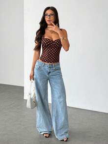 SHEIN PETITE 女款棕色與白色波點夏季1960年代復古優雅束腰上衣，適合夜店、生日派對、夜生活、度假、約會之夜 - 棕色 - 查看 10