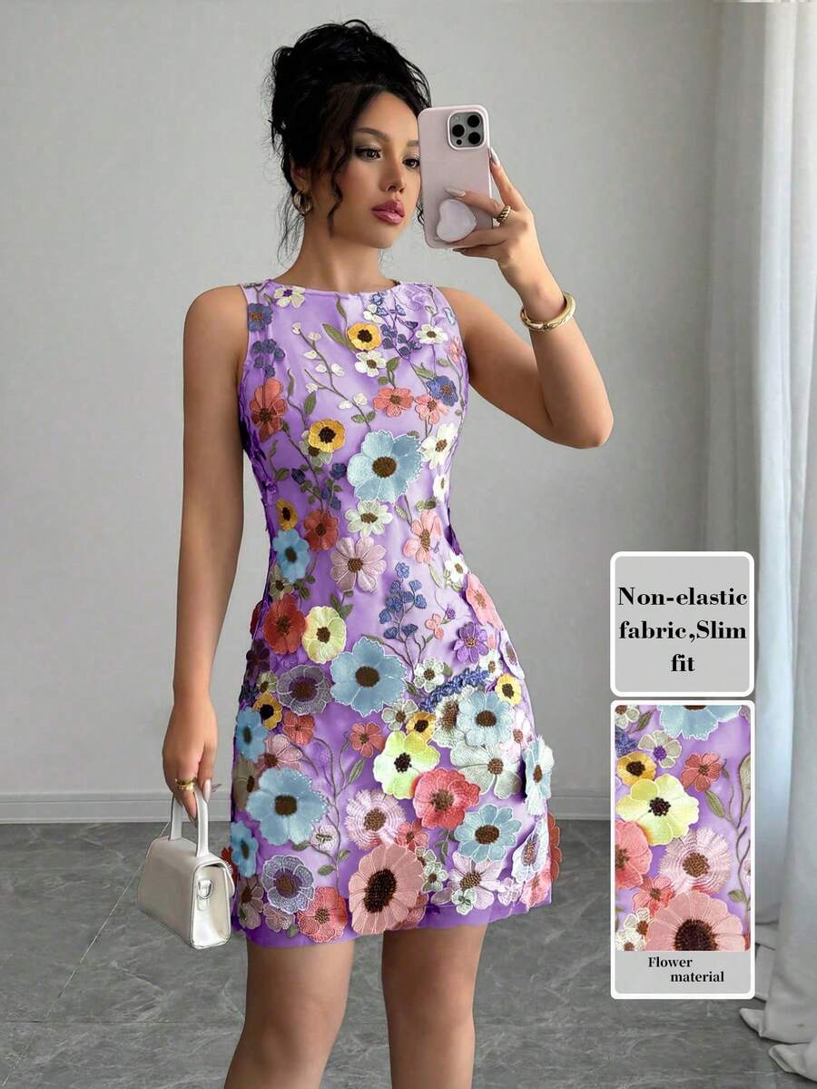 Rafferiza Women Crew Neck Sleeveless Elegant Floral Print Fitted Mini Dress - Purple - View 1