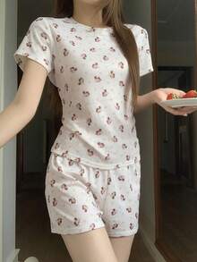 夏季可爱猫咪爱心印花针织女式睡衣套装，居家穿着 - 白色 - 查看 3