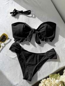 Swim Vcay Set Pakaian Renang Liburan Pantai Lucu dengan Tali Bahu Warna Polos dari Kain Jacquard untuk Musim Semi/Panas - Hitam - View 2