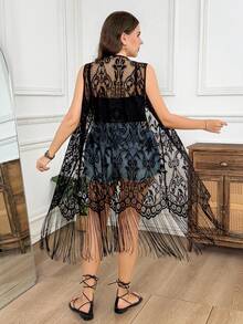 SHEIN LUNE Plus Size Solid Color Fringe Hem Sheer Sleeveless Casual Summer Thin Jacket - Black - View 1