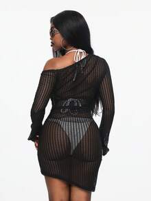 Vadaroq 女士夏季热带度假休闲装西部风派对Y2K透气网眼罗纹针织弹力舒适纹理透视黑色迷你连衣裙 - 黑色 - 查看 4