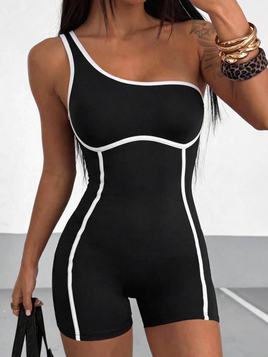 SHEIN HypeZone 女士修身黑白运动连体裤 - 黑與白 - 查看 1