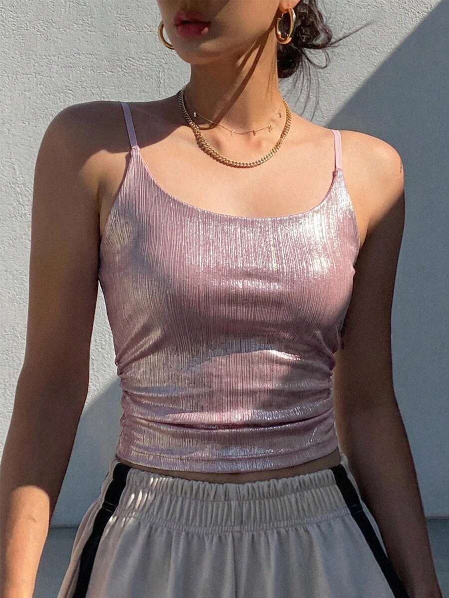 DAZY 女士夏季修身褶皱弹力肩带圆领吊带衫 - 粉色 - 查看 1