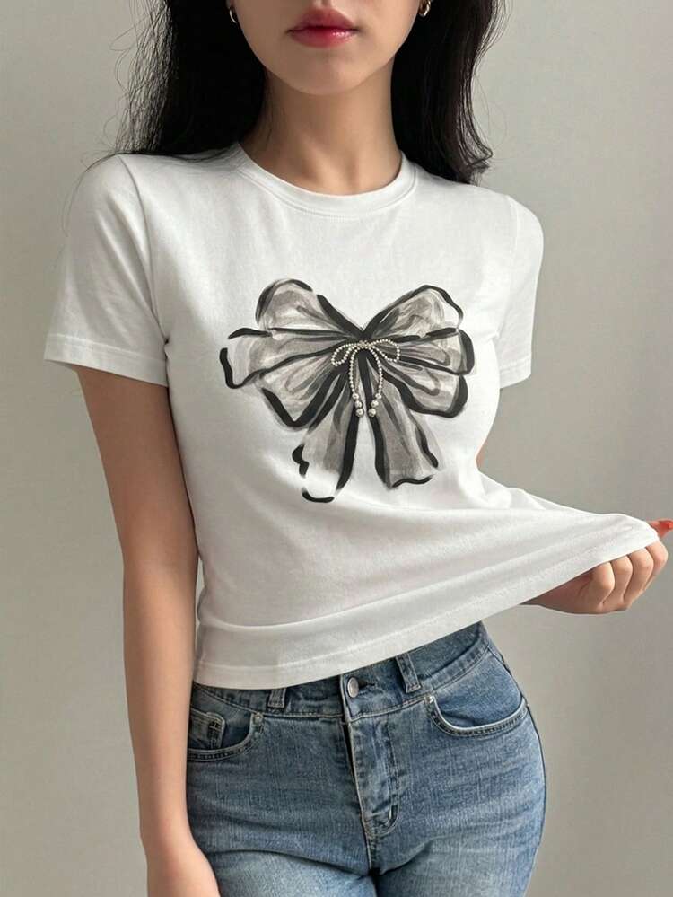 Women's Summer Round Neck Short Sleeve Fitted Bow Print Casual T-Shirt Graphic Tees Women