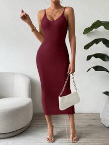 SHEIN Clasi 女士休闲无袖修身罗纹针织连衣裙 - 紅色 - 查看 6