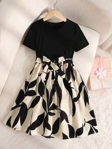 SHEIN Đầm mùa xuân hè cho bé gái/Phong cách retro thanh lịch/Đầm dệt kim đen cổ tròn tay ngắn/Viền họa tiết da báo phối hợp/Đầm eo - Màu be - Xem 5