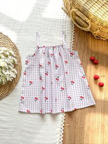 SHEIN Vintaside Kids Gaun A-Line Bergaris dengan Motif Pita dan Bunga Warna-warni untuk Bayi Perempuan, Cocok untuk Acara Kasual Sehari-hari & Liburan - MultiWarna - View 2