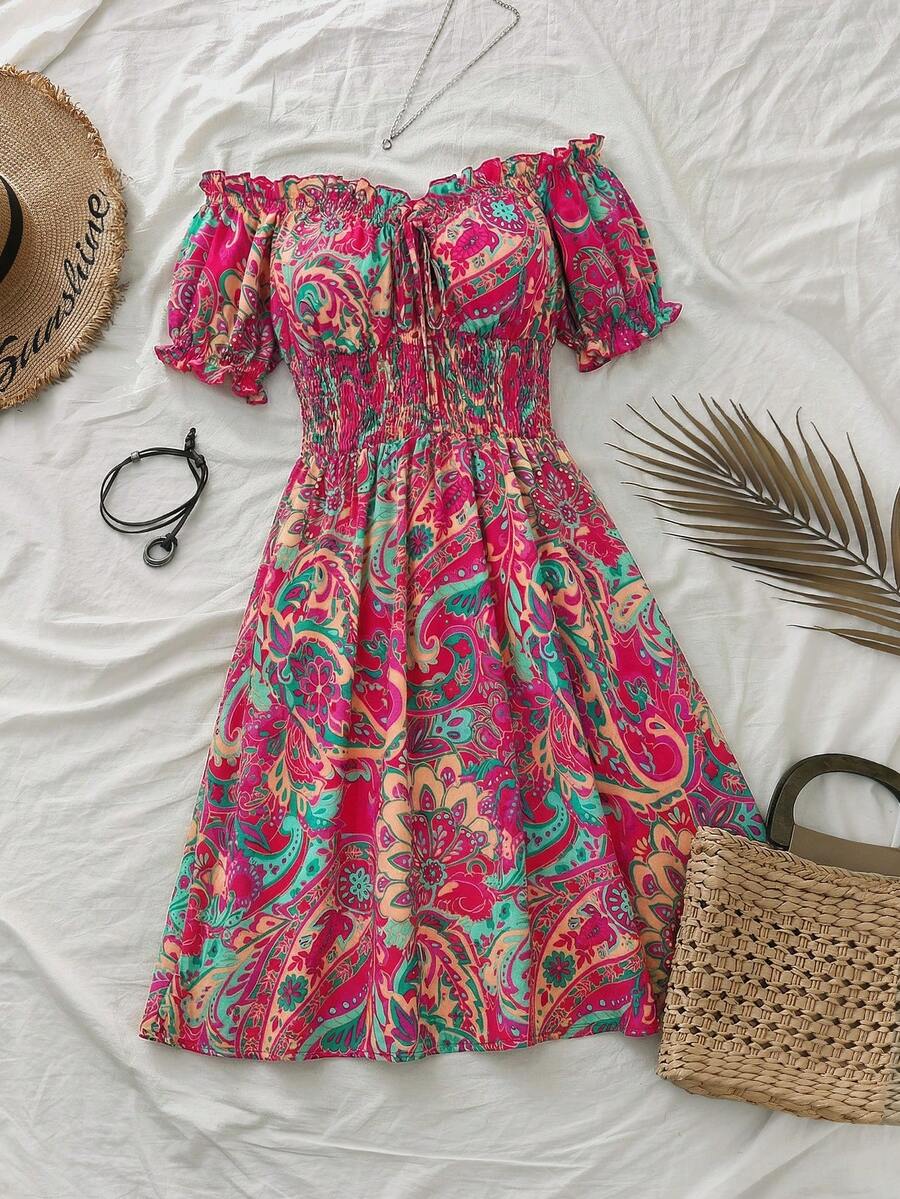 SHEIN VCAY Plus Size Vacation Off-Shoulder Dress With A Leopard Dress - Multicolor - View 1