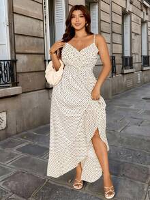 大码女式V领无袖波点荷叶边腰部喇叭不对称下摆休闲长裙，适合日常穿着、度假野餐、婚礼宾客等场合，优雅百搭。波点连衣裙、Zanea连衣裙、时尚连衣裙、优雅夏季连衣裙、波点连衣裙、早午餐连衣裙、荷叶边连衣裙、前短后长连衣裙、白色波点连衣裙 - 杏色 - 查看 7