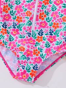 SHEIN 女童碎花拼接插肩袖半拉链连体泳衣，沙滩/度假风 - 彩色 - 查看 6