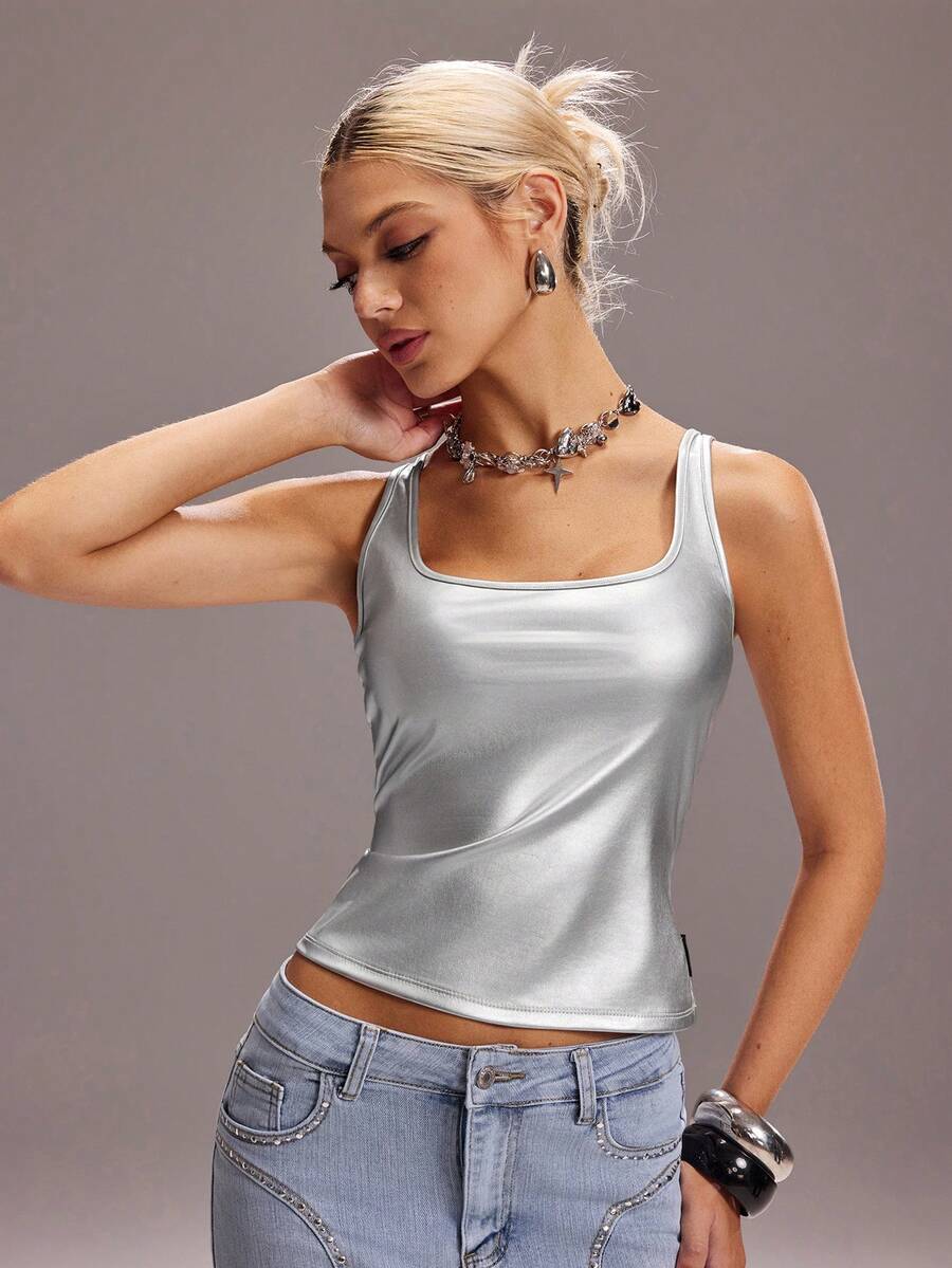 Y2Kool 银色金属涂层Y2K性感休闲露脐上衣，适合春夏派对、聚会、海岛度假、音乐节、日常穿着 - 銀色 - 查看 1