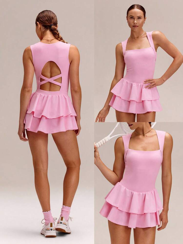 Game On Buttery-Soft Quick-Dry Removable Cups Built-In Shorts Side Pockets Squareneck Cutout Back Tiered Tennis Dress Golf Pickleball Workout Gym Daily Casual Wear